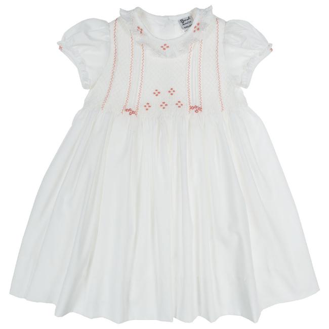 Picture of Sarah Louise Girls Floral Smocked & Embroidered Dress - Ivory Coral