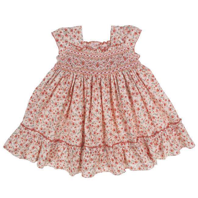Picture of Sarah Louise Girls Floral Smocked & Embroidered Cap Sleeve Dress - Coral 