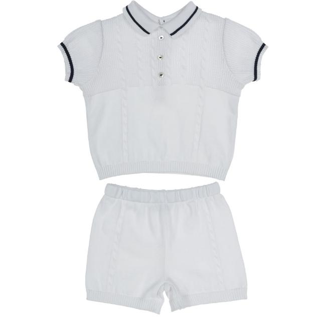 Picture of Sarah Louise Boys 2 Piece Knitted Short Set - White Navy