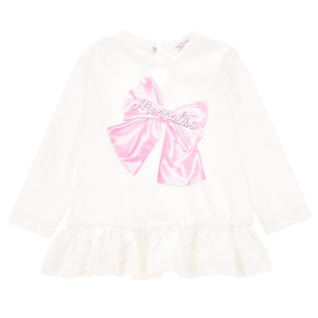 Picture of Monnalisa Bebe Girls Pearl & Bow Ruffle Top - Ivory Pink