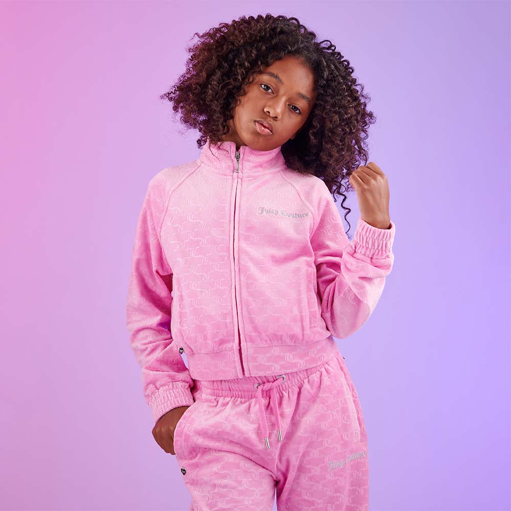 Juicy Couture Girls Embossed Velour Funnel Zip Through Hoodie & Loose Joggers  Set - Fuchsia Pink.