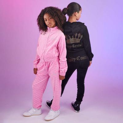 Picture of Juicy Couture Girls Embossed Velour Funnel Zip Through Hoodie & Loose Joggers Set - Fuchsia Pink