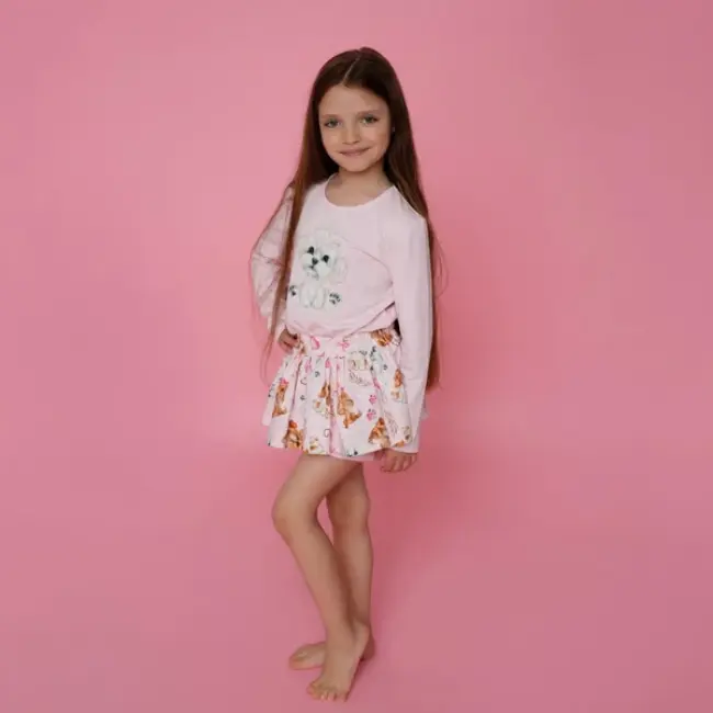 Picture of Daga Girls Lucky Dog Print Skort &  Applique Top Set -  Pink