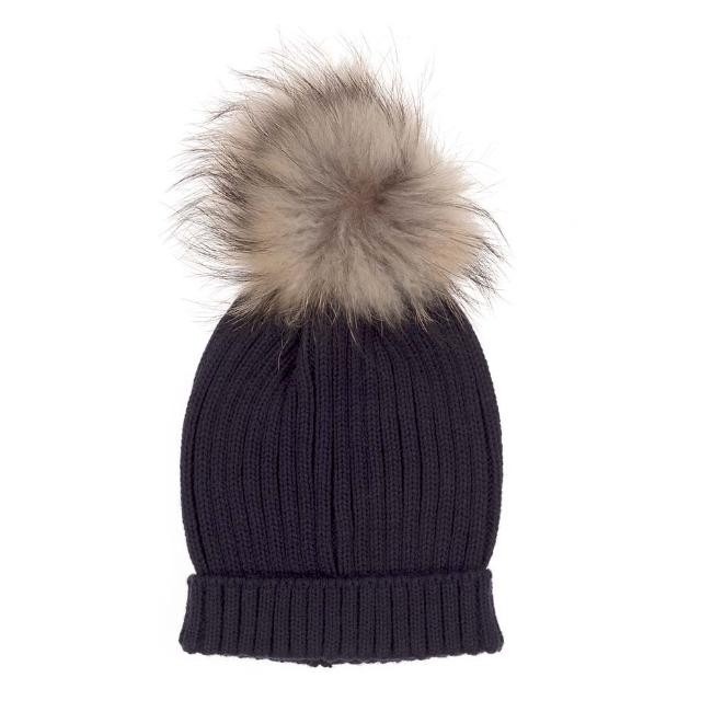 Picture of Juliana Baby Clothes Ribbed Hat With Fur Pom Pom - Navy