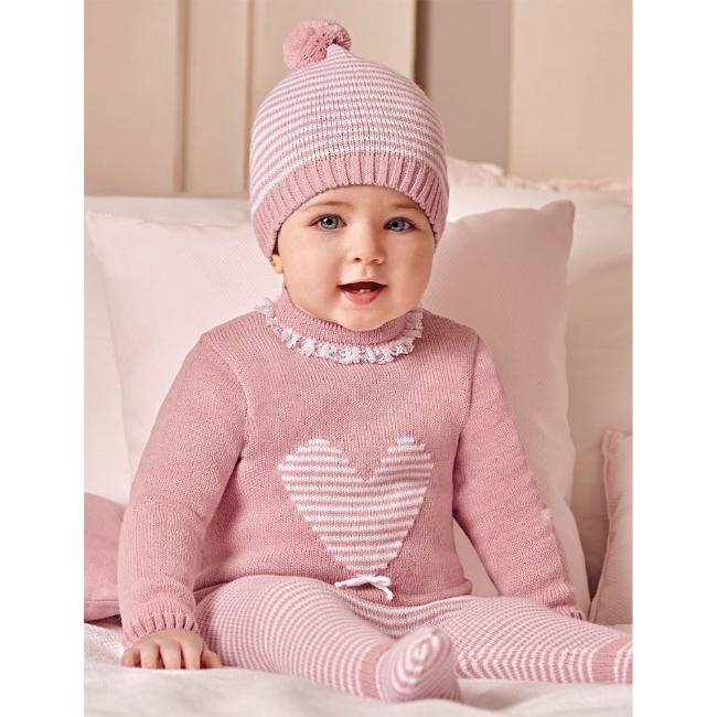 Picture of Juliana Baby Clothes Stripe Heart 3 Piece Knitted Set With Lace - Dark Pink 