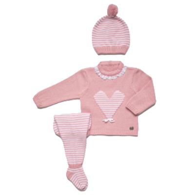 Picture of Juliana Baby Clothes Stripe Heart 3 Piece Knitted Set With Lace - Dark Pink 