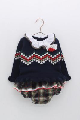 Picture of Foque Baby Girls Ruffle Sweater & Tartan Jampants Set - Navy Blue 