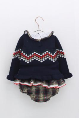 Picture of Foque Baby Girls Ruffle Sweater & Tartan Jampants Set - Navy Blue 