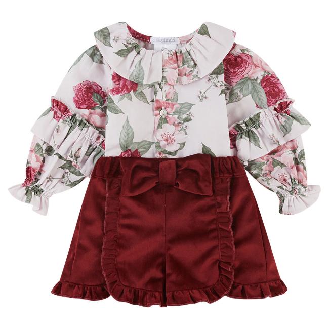 Picture of Deolinda Baby Girls Violet Floral Blouse & Ruffle Shorts Set - Burgundy