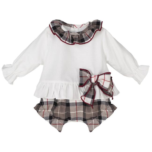 Picture of Calamaro Baby Girls Ruffle Collar Top & Jampant Set - Beige Burgundy