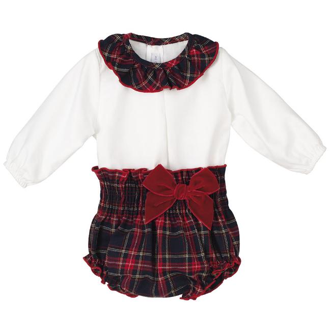 Picture of Calamaro Baby Girls Tartan Ruffle Collar Top & Jampant Set - Navy Red