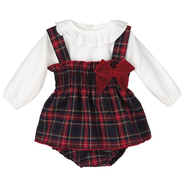 Picture of Calamaro Baby Girls Tartan Dress Blouse & Pants Set - Navy Red 