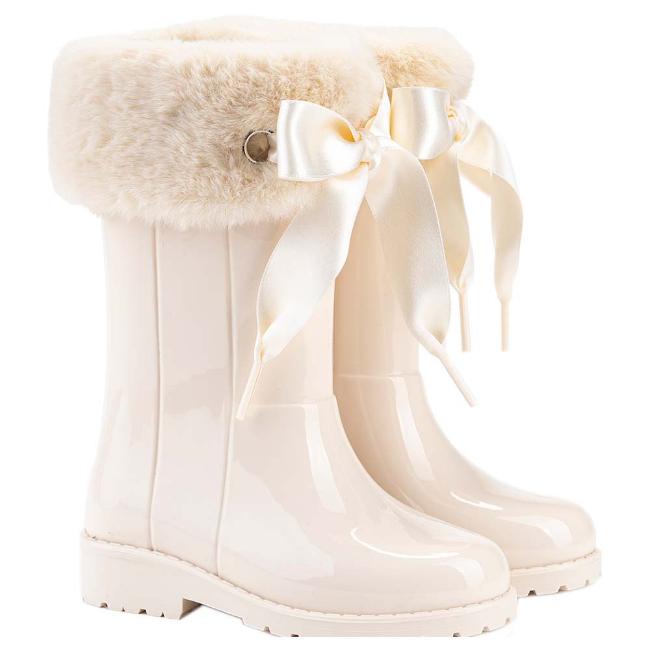 Picture of Igor Campera Girls Soft Fur Cuff Ribbon Tie Rainboot - Cream