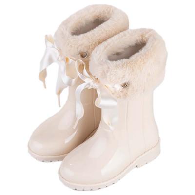 Picture of Igor Campera Girls Soft Fur Cuff Ribbon Tie Rainboot - Cream