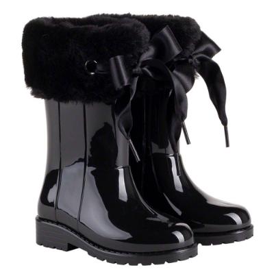 Picture of Igor Campera Girls Soft Fur Cuff Ribbon Tie Rainboot - Black 