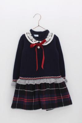 Picture of Foque Girls Knitted Long Sleeve Dress With Drop Waist - Navy Blue 