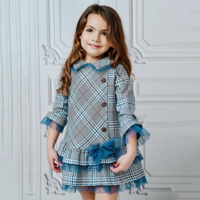 Picture of Basmarti Girls Long Sleeve Tulle & Check  Drop Waist Dress - Blue