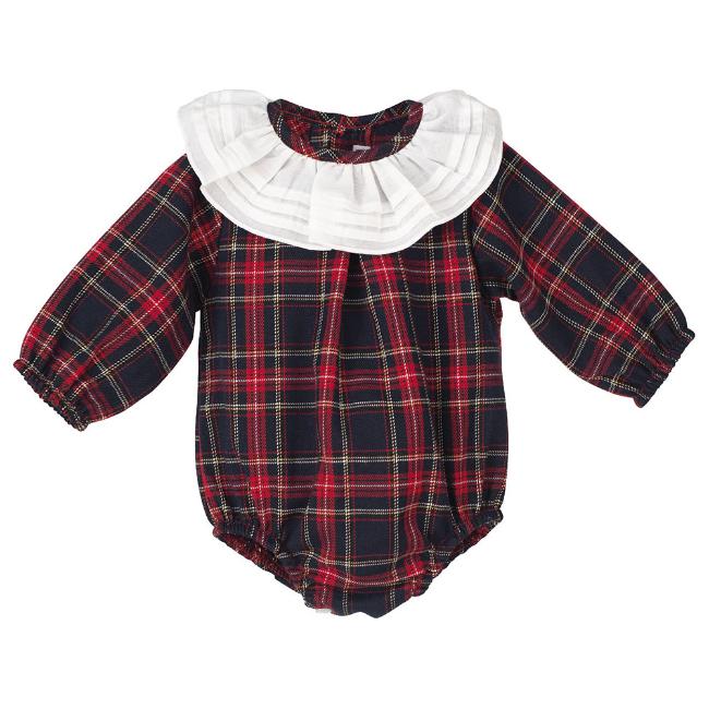 Picture of Calamaro Baby Girls Ruffle Collar Tartan Romper - Navy Red