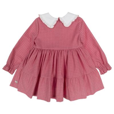 Picture of Basmarti Girls Large Collar Ruffle Pom Pom  Dress - Coral Pink Houndstooth 