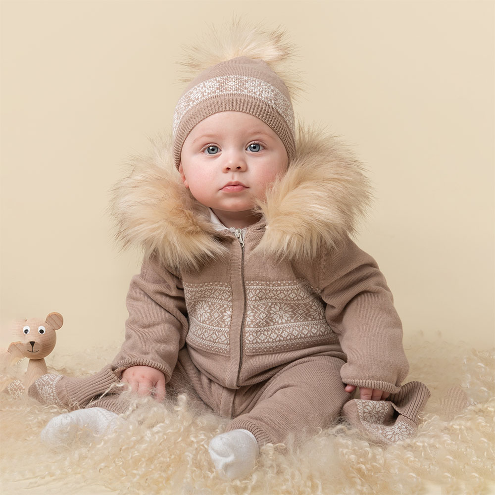 Caramelo Kids Baby Boys Knitted Fairisle Mittens Hat Set Beige