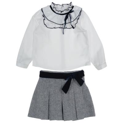 Picture of Cesar Blanco Girls Ruffle Blouse & Pleated Skirt Set - White Navy