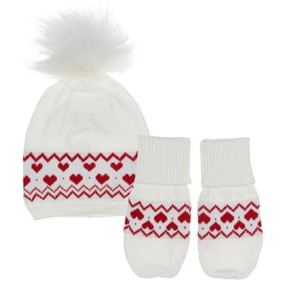 Picture of Caramelo Kids Baby Girls Knitted Heart Fairisle Mittens & Hat Set - Ivory Red 