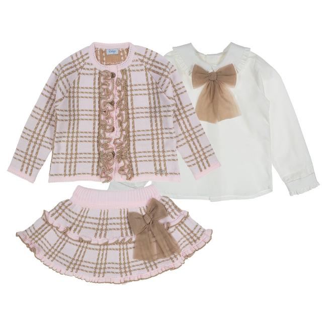 Picture of Rahigo Girls Check Ruffle Front Cardigan Blouse & Skort Set - Pink Camel