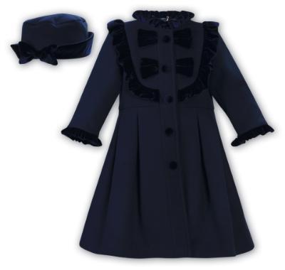 Picture of Sarah Louise Girls Velvet Trim Coat & Hat Set - Navy 