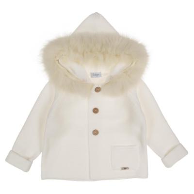Picture of Rahigo Boys Knitted Coat With Natural Fur Trimmed Hood - White
