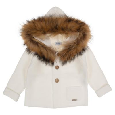 Picture of Rahigo Boys Knitted Coat With Natural Fur Trimmed Hood - White