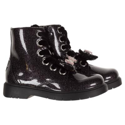 Picture of Lelli Kelly Girls Double Bow Ankle Boot With Inside Zip - Black Glitter Patent