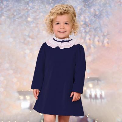 Picture of Sarah Louise Girls A Line Dress With Ruffle Collar - Navy White 