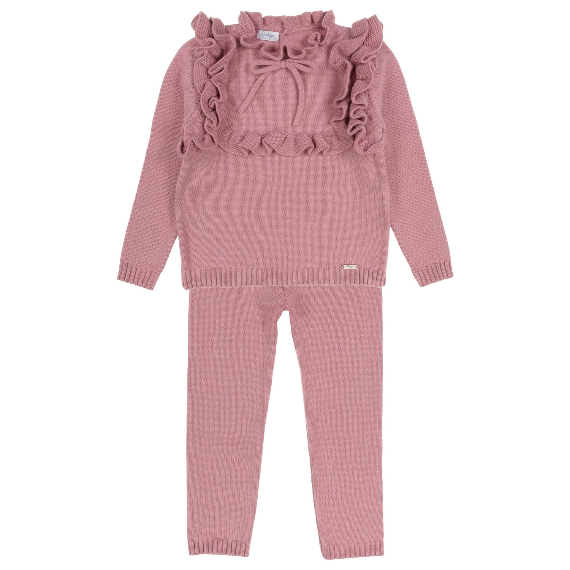 Rahigo Girls Knitted Ruffle Tracksuit Dark Pink. Children's Designer