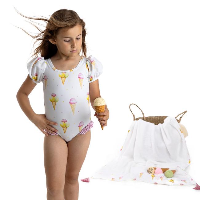 Picture of  Meia Pata Girls Coral Sleeved Ice Cream Swimsuit - White Pink