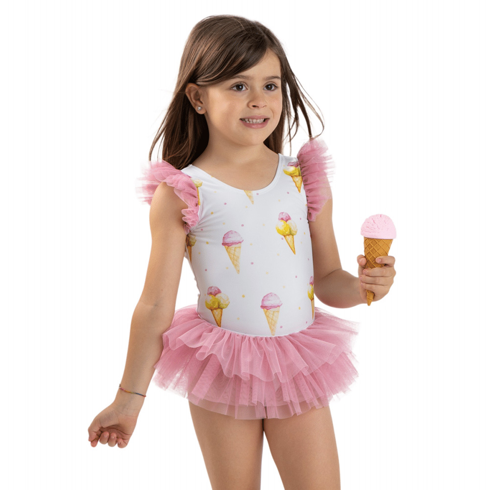 Meia Pata Girls Blanca Ice Cream Tutu Swimsuit - White Pink.