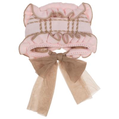 Picture of Rahigo Girls Knitted Ruffle Bonnet With Tulle Bow - Pink Camel