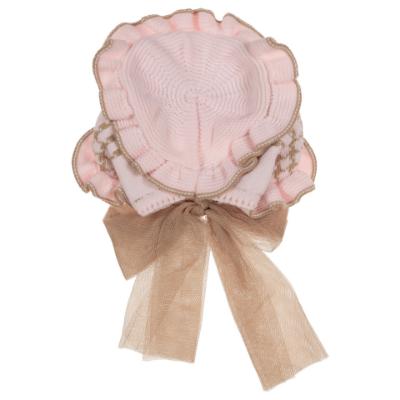 Picture of Rahigo Girls Knitted Ruffle Bonnet With Tulle Bow - Pink Camel