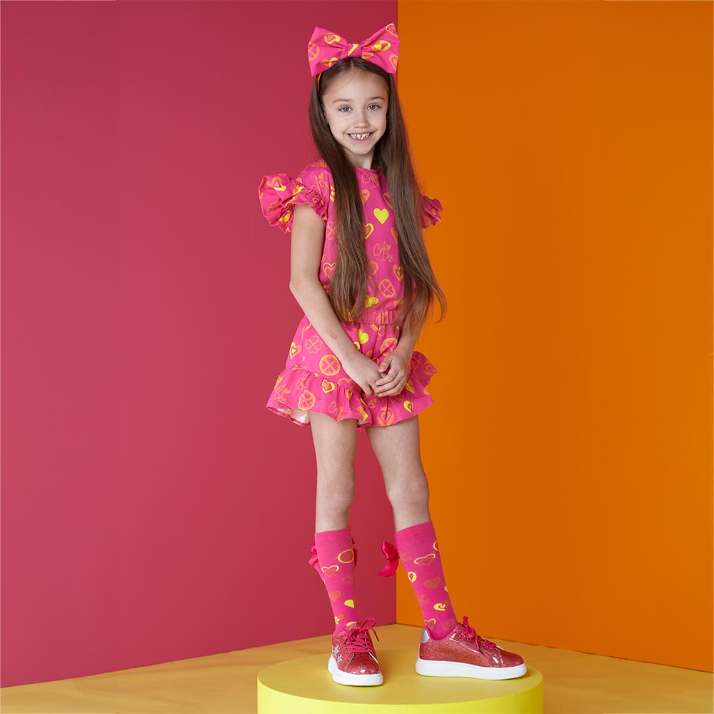 Little Melissa model A Dee Melissa Love Hearts Block Heart Print Frill Shorts Set - Hot Pink.