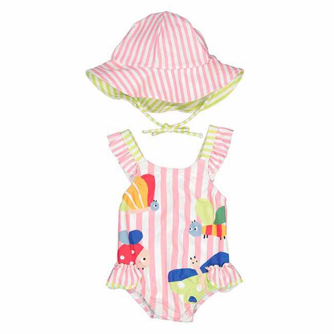 Picture of Mayoral Newborn Girls Striped Butterfly Swimsuit & Hat Set - Pink