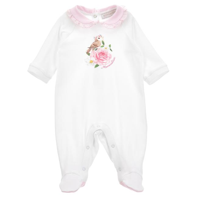 Picture of Monnalisa Bebe Girls Roses & Bird Babygrow - White Pink