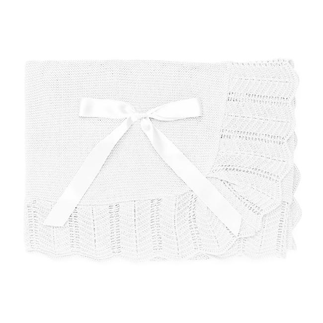Picture of Juliana Baby Summer Knit Shawl With Openwork Edge & Satin Bow - White