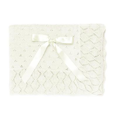 Picture of Juliana Baby Summer Knit Shawl With AOP Openwork & Satin Bow - Ivory