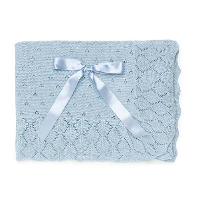 Picture of Juliana Baby Summer Knit Shawl With AOP Openwork & Satin Bow - Pale Blue