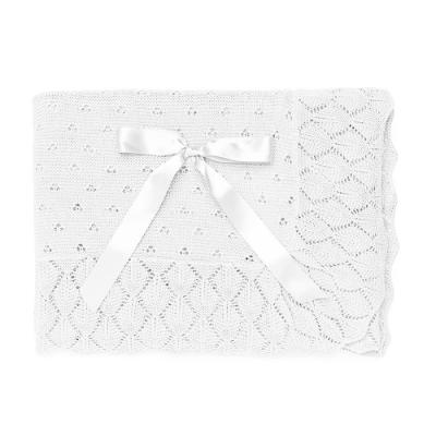 Picture of Juliana Baby Summer Knit Shawl With AOP Openwork & Satin Bow - White