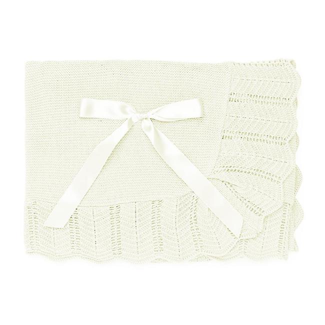 Picture of Juliana Baby Summer Knit Shawl With Openwork Edge & Satin Bow - Ivory