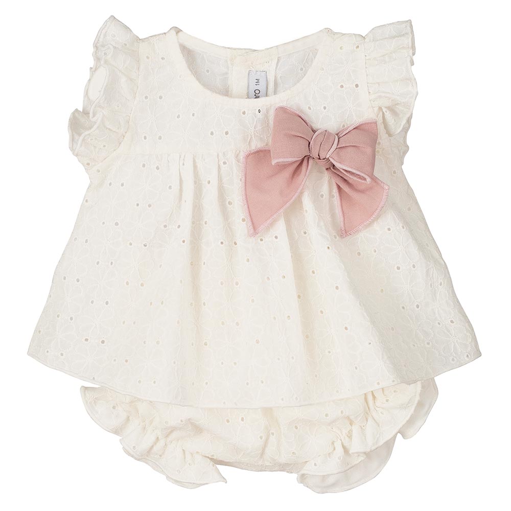 Calamaro Baby Summer Aliria Lace Jampants Set With Bow White Pink