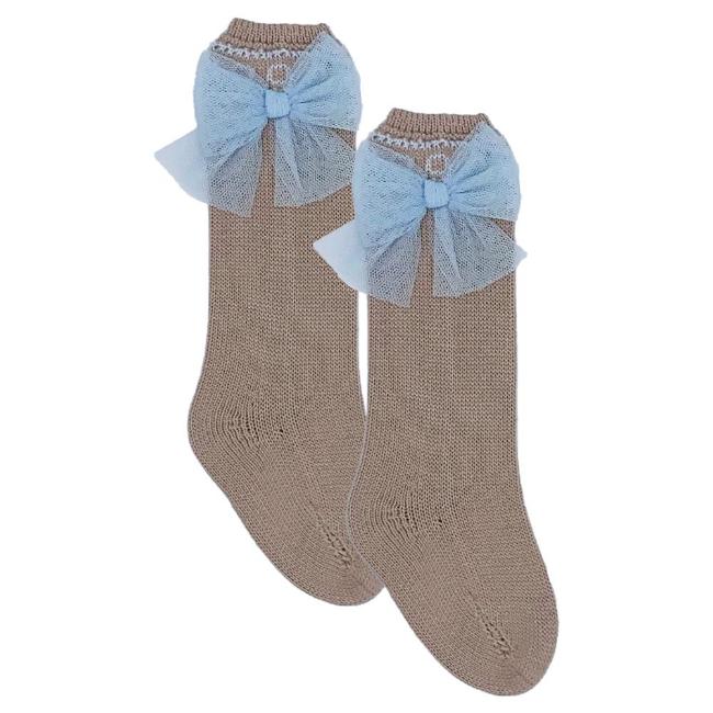 Picture of Rahigo Girls Summer Knit Fixed Tulle Bow Knee High Socks  - Beige Blue
