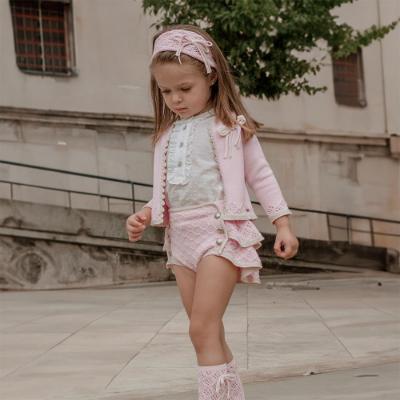 Picture of Rahigo Girls Summer Knit Ruffle Jampants Blouse & Cardigan Set X 3 - Baby Pink Cream