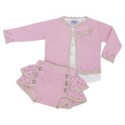 Picture of Rahigo Girls Summer Knit Ruffle Jampants Blouse & Cardigan Set X 3 - Baby Pink Cream