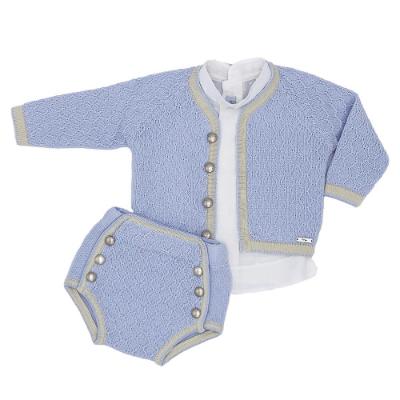 Picture of Rahigo Boys Summer Knit Jampants Blouse & Cardigan Set X 3 - Baby Blue Cream